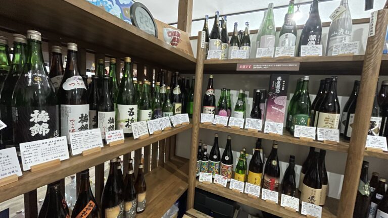 Shelves filled with bottles of Japanese sake at Ito Sake Shop