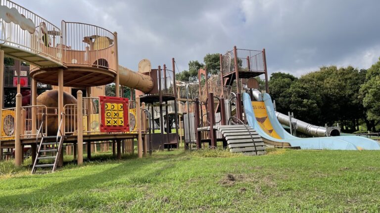 Large adventure playground with giant slides and tunnels at Hyakkadai Park